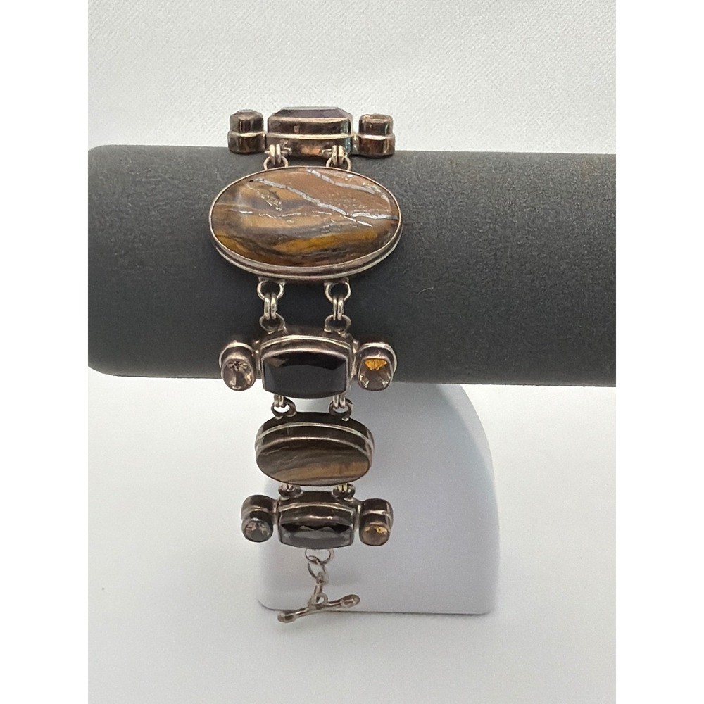 SARDA Tiger's Eye Smoky Quartz Citrine Silver Bracelet 8.25"